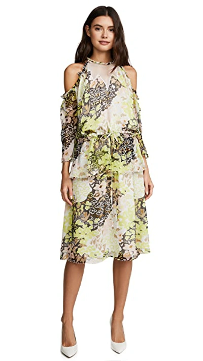 Opening Ceremony Cold-shoulder Embellished Printed Crinkled-chiffon Midi Dress In Acid Green Multi