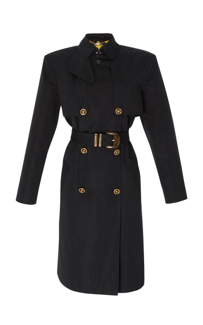 Versace Double Breasted Trench Coat In Black
