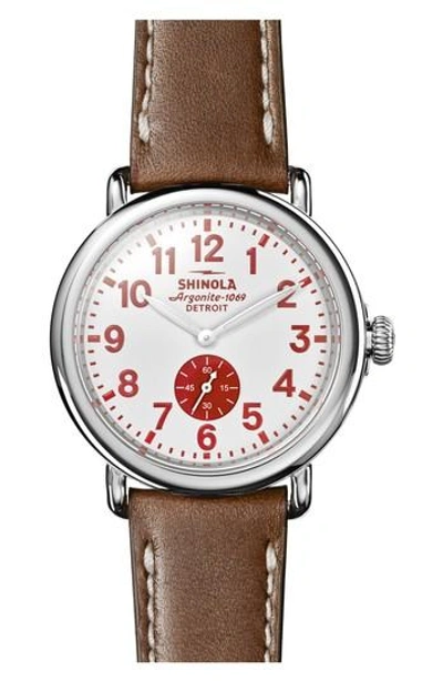 Shinola 'the Runwell' Leather Strap Watch, 41mm In Brown/ White/ Silver