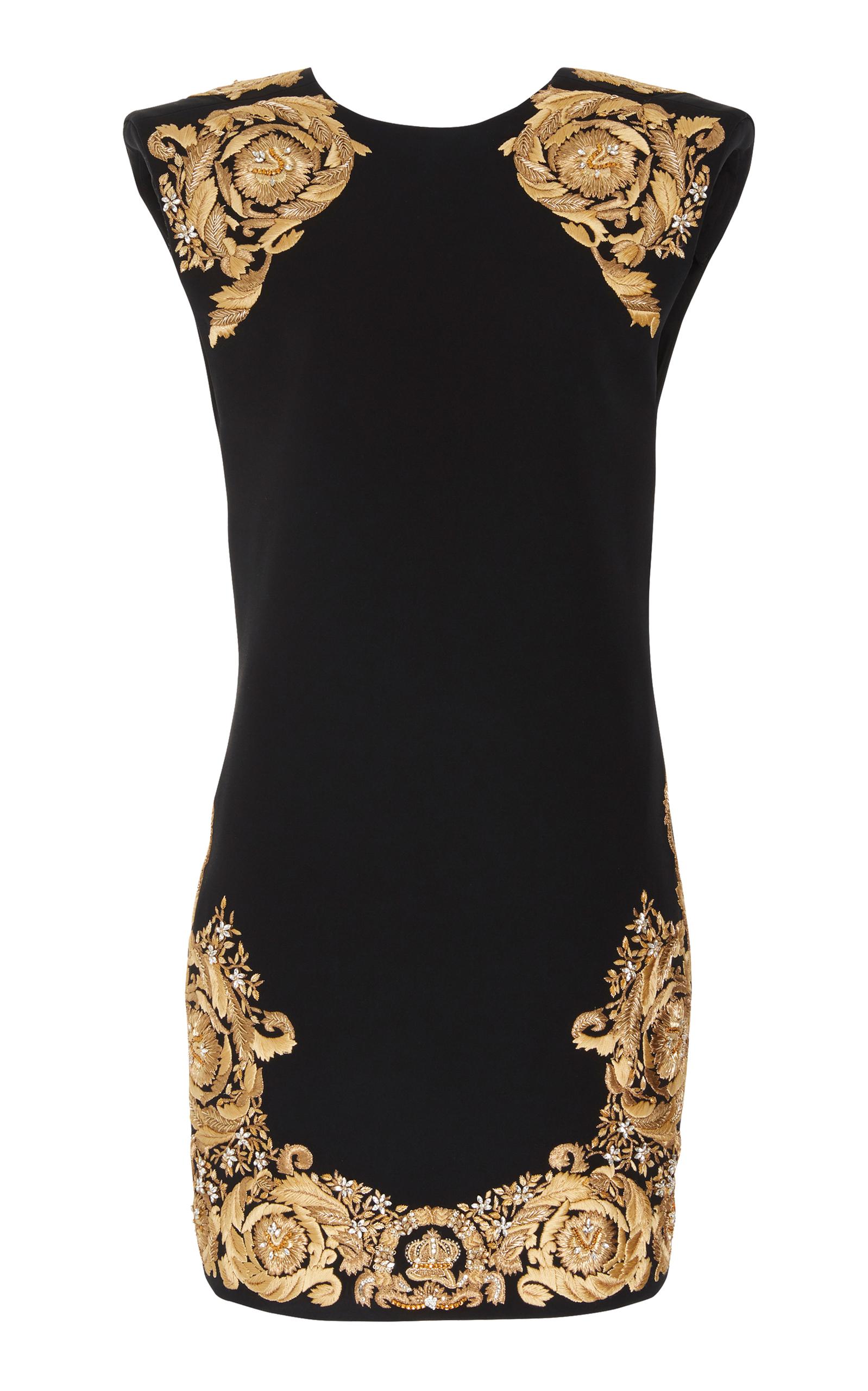 Versace Jewel-Neck Sleeveless Shoulder-Pad Sheath Dress With Embroidery ...