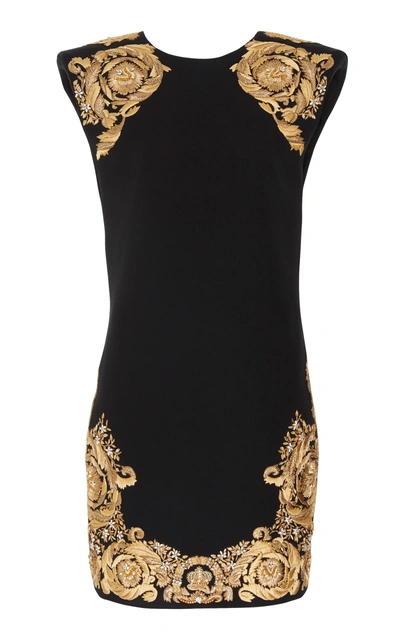 Versace Jewel-neck Sleeveless Shoulder-pad Sheath Dress With Embroidery In Black