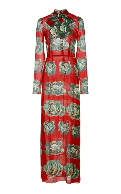 Dolce & Gabbana Cabbage Print Maxi Dress In Red