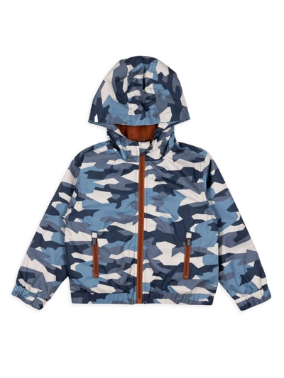 Miles The Label Kids' Boy's Abstract Camo-print Raincoat In Dusty Blue