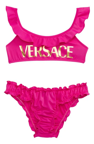 Versace Kids' Girl's Metallic Logo Ruffle 2-piece Bikini Set In Fuchsia