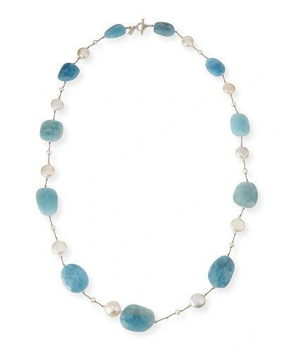 Margo Morrison Aquamarine & Coin Pearl Long Necklace, 35"l