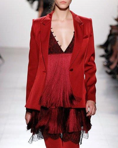 Prabal Gurung Tiered Fringe Minidress With Lace Bodice, Garnet In Red