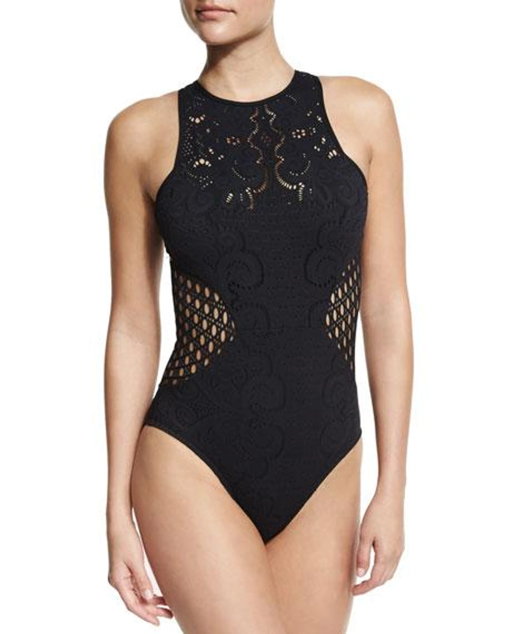 JETS Jessika Allen 8 US 12 AU hi-neck one-piece swimsuit sheer mesh stone