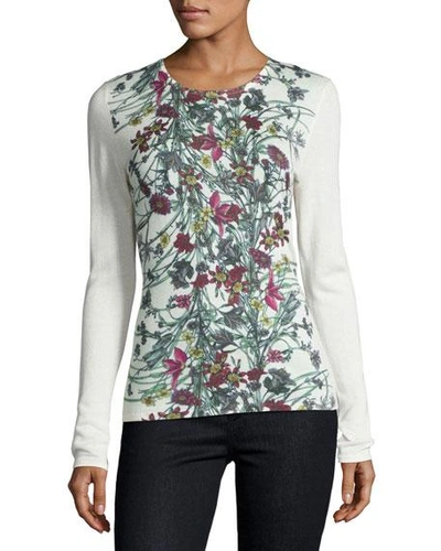 Neiman Marcus Superfine Floral-print Cashmere Crewneck Top In White Pattern