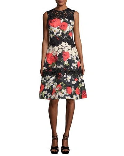 Rickie Freeman For Teri Jon Sleeveless Floral Jacquard A-line Cocktail Dress, Black/multicolor