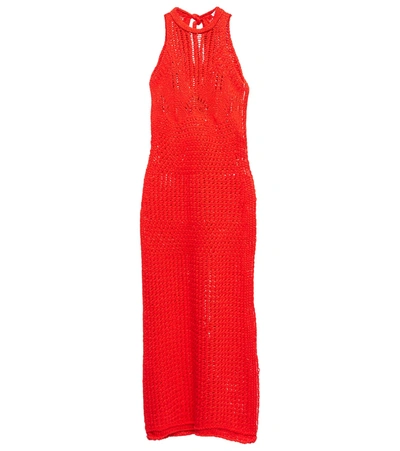 Acne Studios Open-knit Cotton Midi Dress In Bright Red