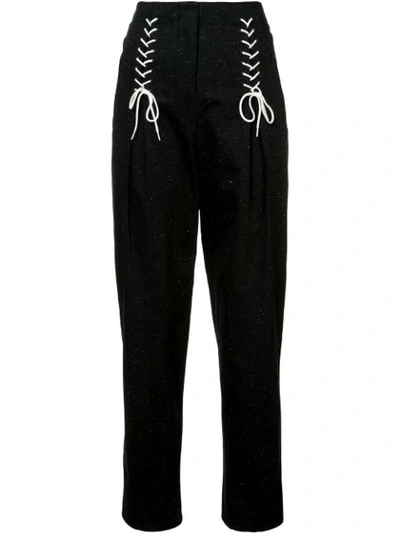 Tibi Easron Lace-up Cotton-blend Tapered Pants In Black Multi