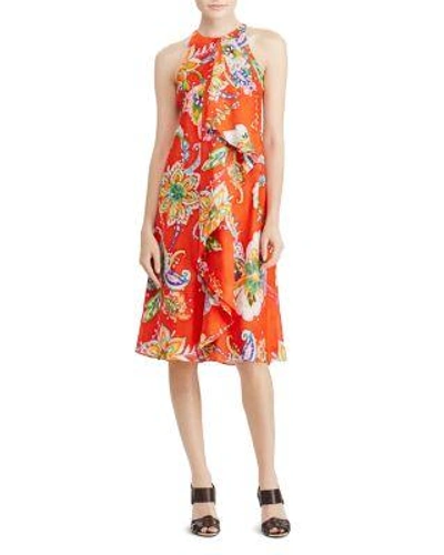 Ralph Lauren Lauren  Ruffle Front Floral Paisley Dress In Orange Multi