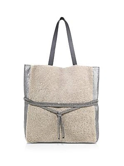 Brunello Cucinelli Shearling & Metallic Leather Tote In Sea