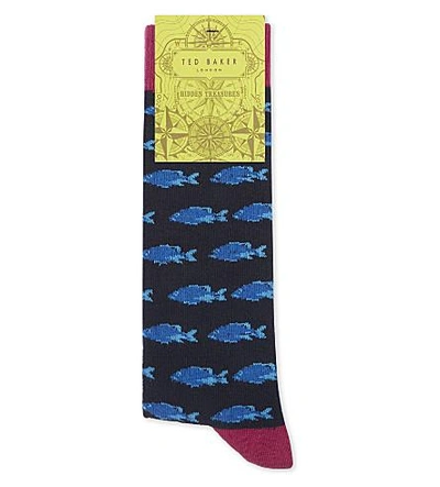 Ted Baker Blinky Fish Print Cotton-blend Socks In Navy