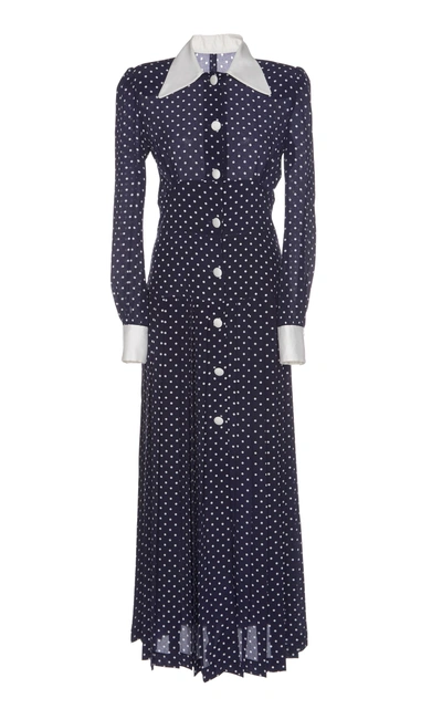 Alessandra Rich Pleated Polka-dot Silk Crepe De Chine Midi Dress In Navy