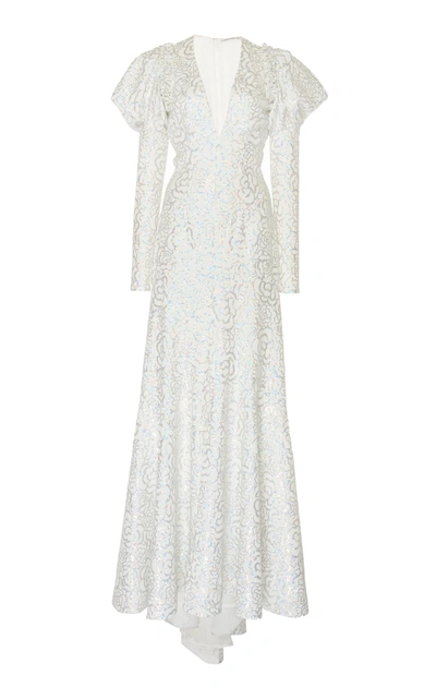 Alessandra Rich Long Sleeve Sequin Gown In White