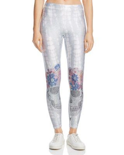 Terez Crystal Floral Skull Leggings In Light Grey