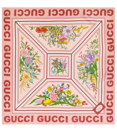 Gucci Pink Floral Print Silk Scarf