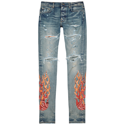 Amiri Bandana Flame Thrasher Ripped Skinny Jeans In Denim