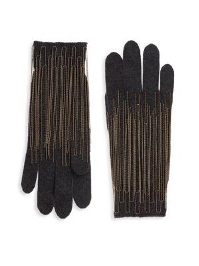 Brunello Cucinelli Women's Chain Trim Cashmere Gloves In Onyx Rose Gold