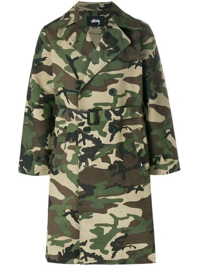 Stussy Double Breasted Trench Coat In Camouflage
