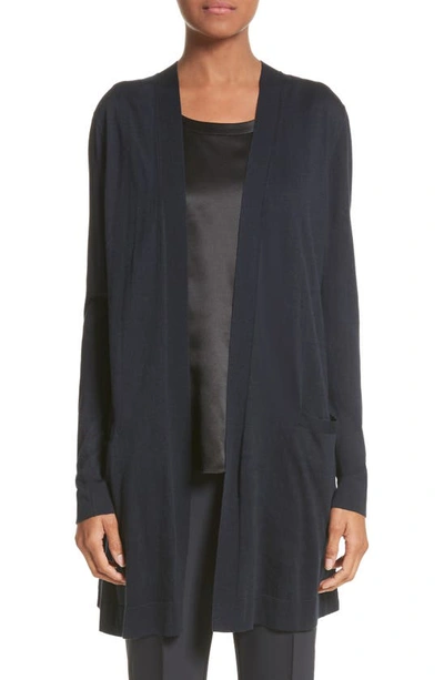 Lafayette 148 Chantilly Lace-back Wool Open-front Cardigan In Ink