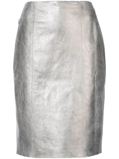 Akris Metallic Leather Pencil Skirt In Gravel Paper