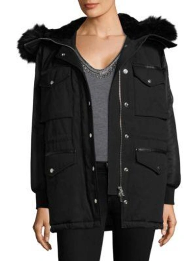 The Kooples Leather Trim Twin-fabric Parka In Black