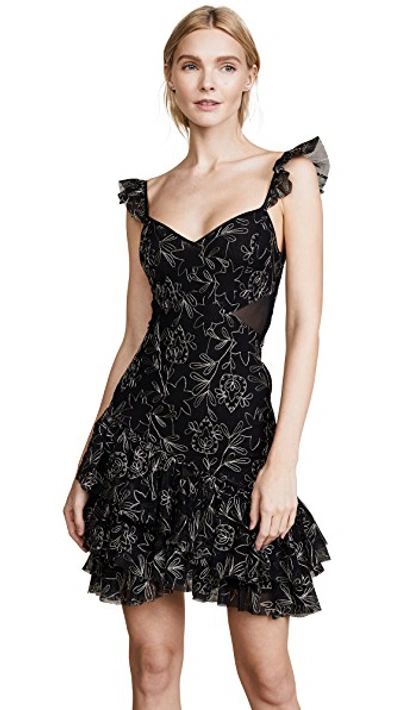 Cinq À Sept Enid Metallic Ruffled Embroidered Tulle Mini Dress In Black Pewter