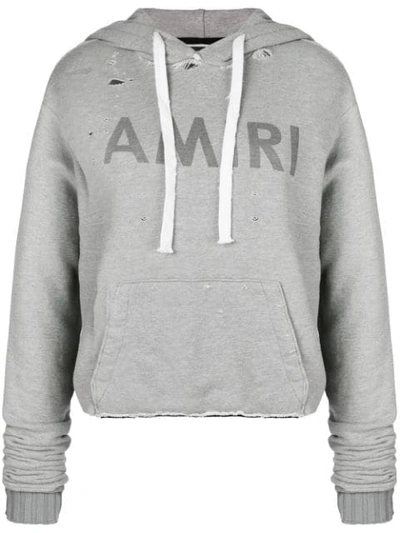 Amiri Logo Cropped Cotton Hoodie In Grey