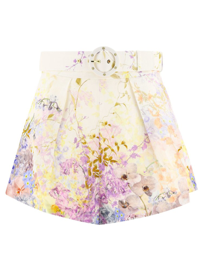 Zimmermann Rhythmic Belted Floral-print Linen Shorts In White,purple,yellow