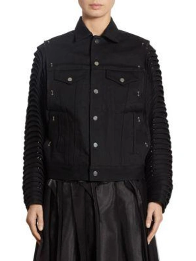 Noir Kei Ninomiya Accordion Sleeve Denim Moto Cotton Jacket In Black