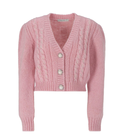 Alessandra Rich Wool Blend Cable Knit Cardigan In Pink
