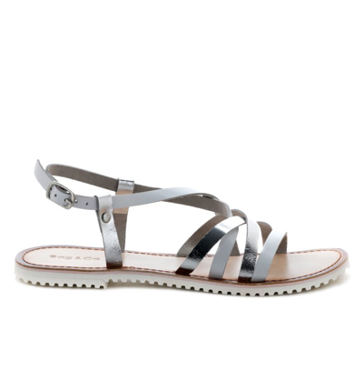 Rag & Co June Silver Strappy Flat Leather Sandals In Grey