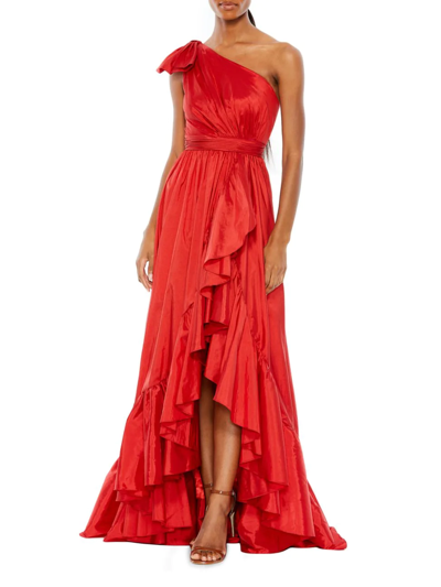 Mac Duggal Bow One Shoulder Ruffle Asymmetrical Hem Gown