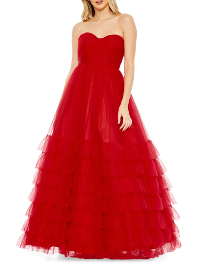 Mac Duggal Ruffle Strapless Tulle Ballgown In Red