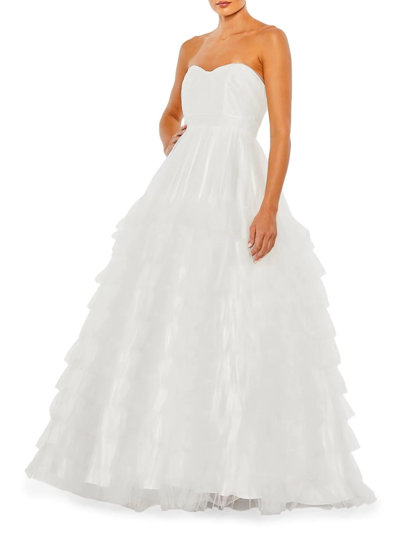 Mac Duggal Ruffle Strapless Tulle Ballgown In White