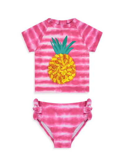 Andy & Evan Kids' Girl's Pineapple Striped Tie-dye Rashguard And Swimsuit Set In Pink