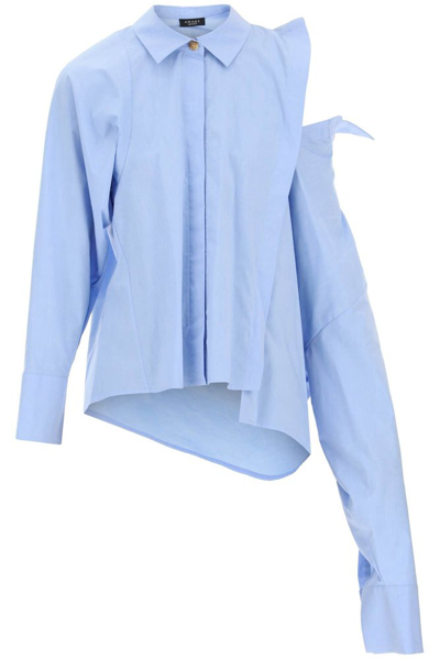 A.w.a.k.e. Asymmetric Double-collar Cold-shoulder Shirt In Light Blue