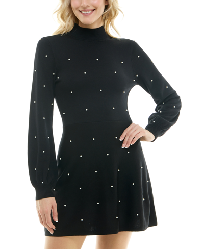 Crystal Doll Juniors' Mock-neck Imitation-pearl Fit & Flare Sweater Dress In Black