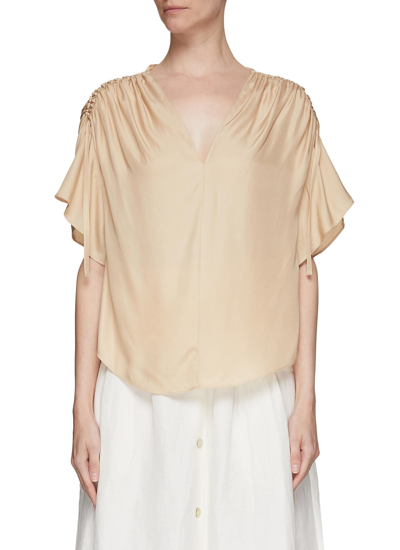 Vince Flutter Sand Ruched Silk-blend Blouse In Neutral