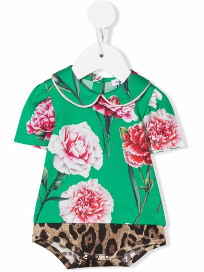 Dolce & Gabbana Babies' Floral-print Short-sleeved Romper In Green