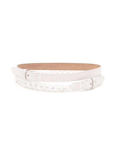 Alexander Mcqueen Chain & Leather Double Wrap Belt In Optic White