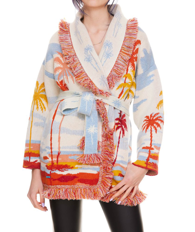 Alanui Riding The Waves Icon Belted Fringed Jacquard-knit Cashmere And Linen-blend Cardigan In Red