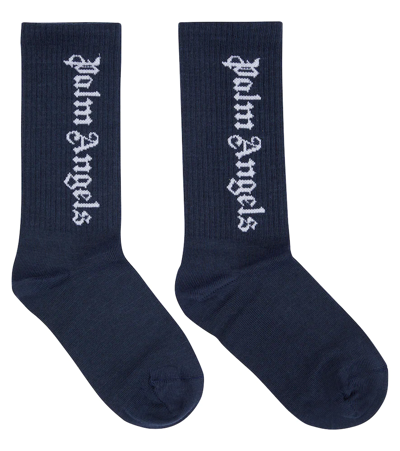 Palm Angels Kids Logo-print Cotton-blend Knitted Socks In Navy