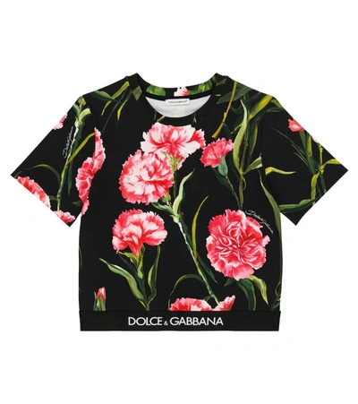 Dolce & Gabbana Kids' Girl's Rose-print Logo-tape T-shirt In Black