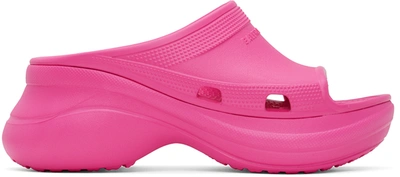 Balenciaga + Crocs Pool Perforated Neon Rubber Slides In Pink