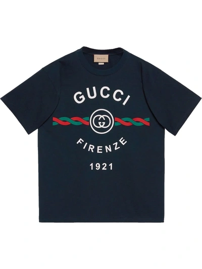 Gucci Firenze 1921 Logo-print Cotton-jersey T-shirt In Blue