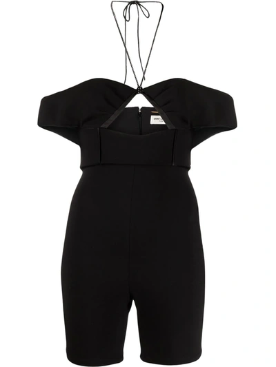 Saint Laurent Halterneck Cut-out Off-shoulder Playsuit In Black