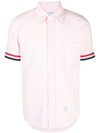 Thom Browne Short Sleeve Grosgrain Cuff Detail Cotton Seersucker Shirt In Pink